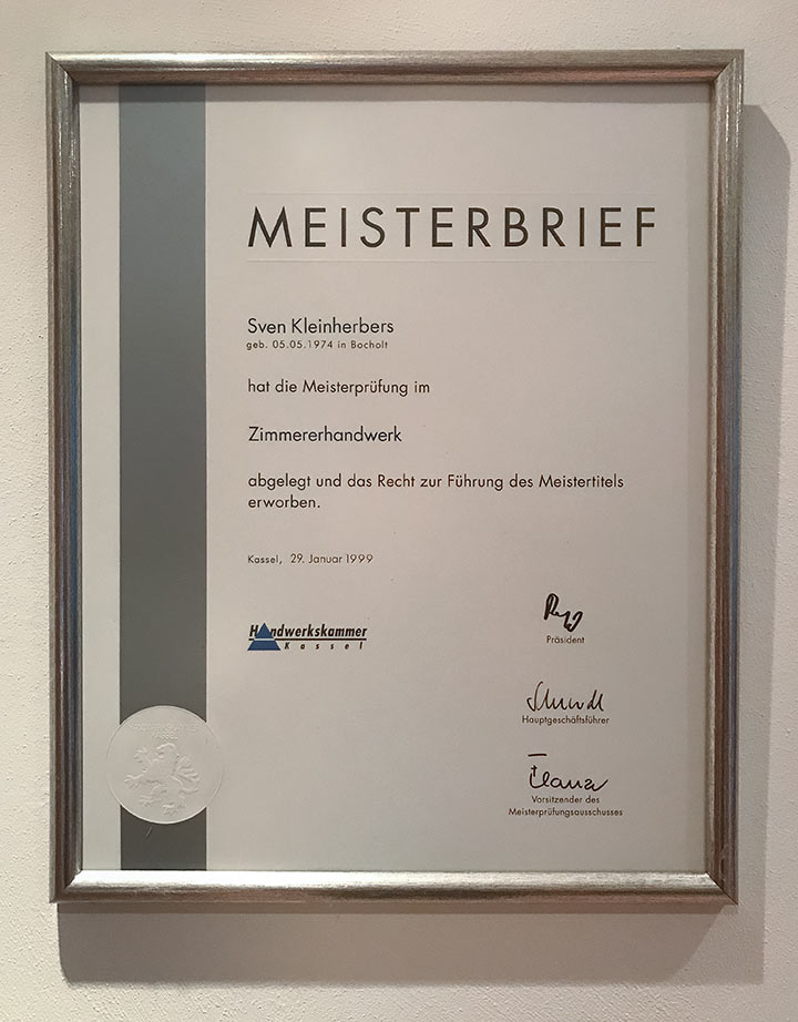 Meisterbrief Sven Kleinherbers